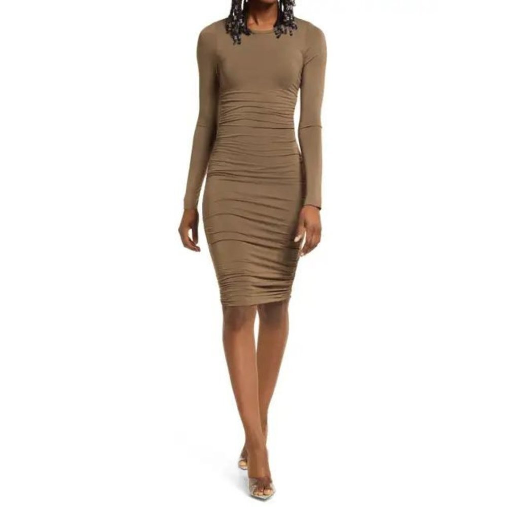 NWT Good American Slinky Ruched Long Sleeve Minidress in Olive Green